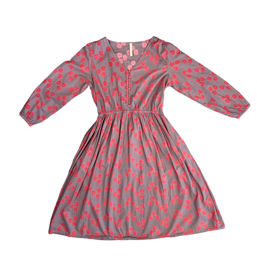 Mata Traders XL Cotton Floral Midi Dress Boho Long Sleeve V-Neck Pockets Gray